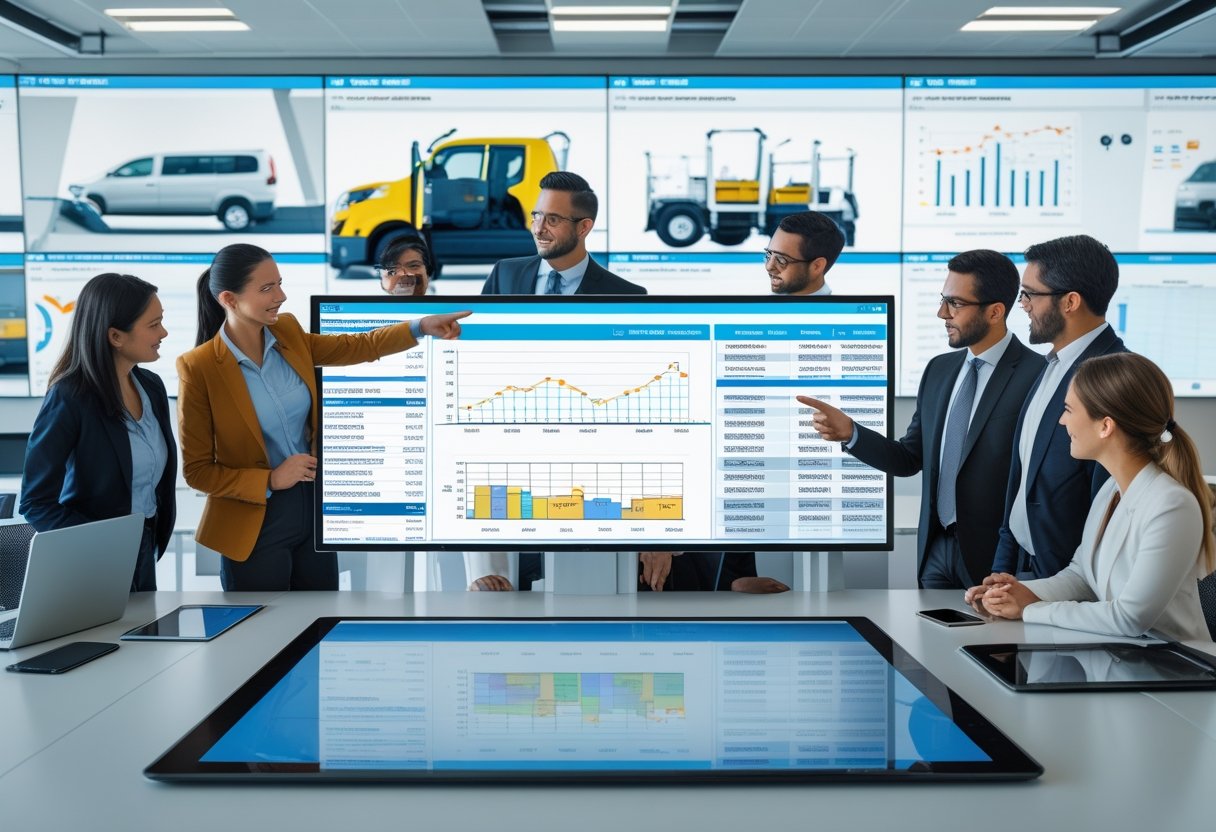 A group of professionals collaborating around a digital touchscreen table displaying vehicle maintenance data and software dashboards in a modern office.