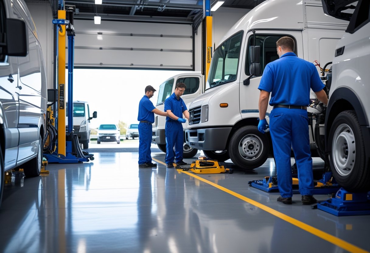 Mechanics servicing commercial fleet vehicles in a clean, organized garage with tools and diagnostic equipment.