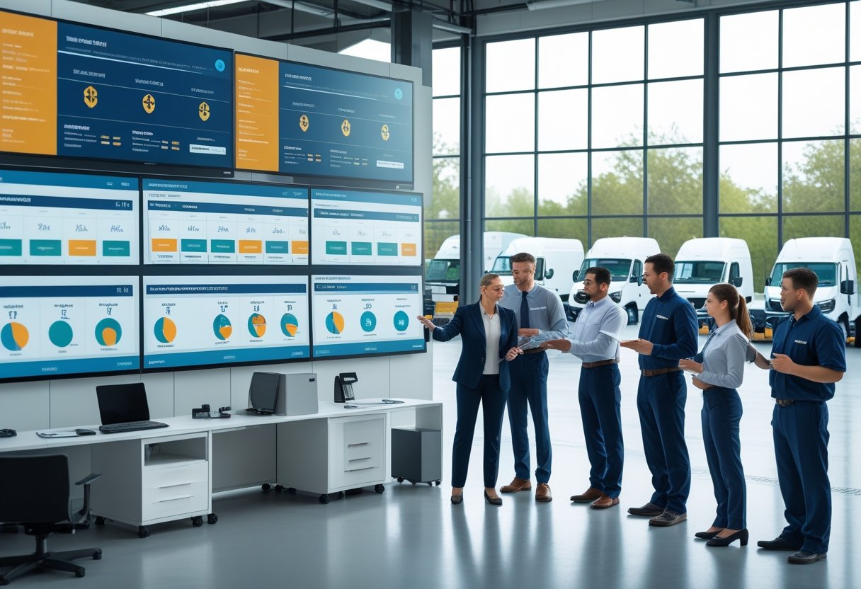 A group of fleet managers and technicians reviewing maintenance data in an office with fleet vehicles parked outside.