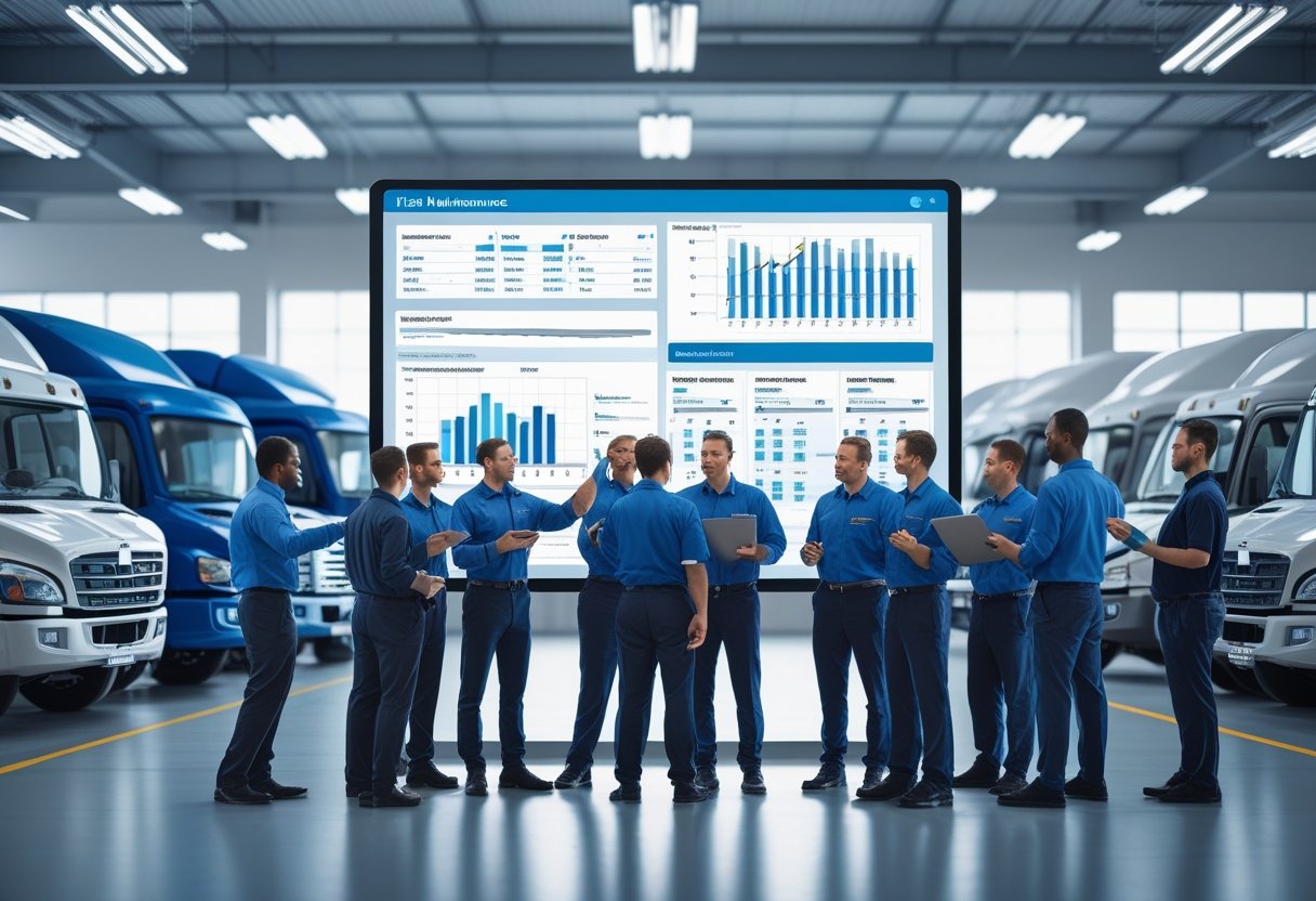 A group of fleet managers and mechanics reviewing vehicle maintenance data on a large touchscreen with commercial vehicles parked in the background.
