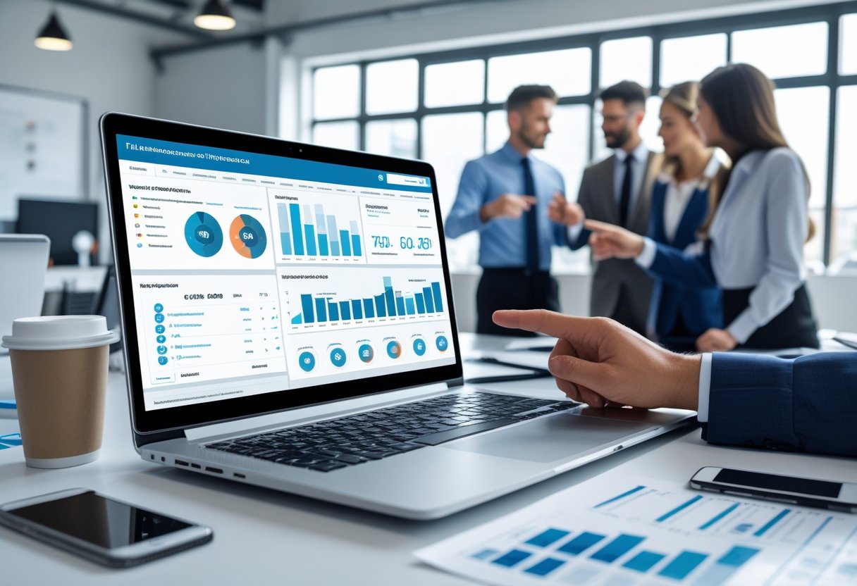 A team of professionals working together around a laptop showing fleet maintenance software with charts and vehicle status in a bright office.