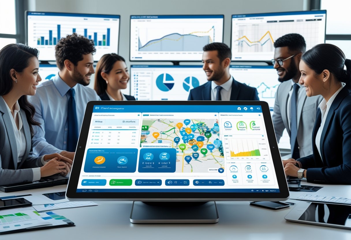 A team of professionals working together in an office with digital screens showing fleet management data and maps.