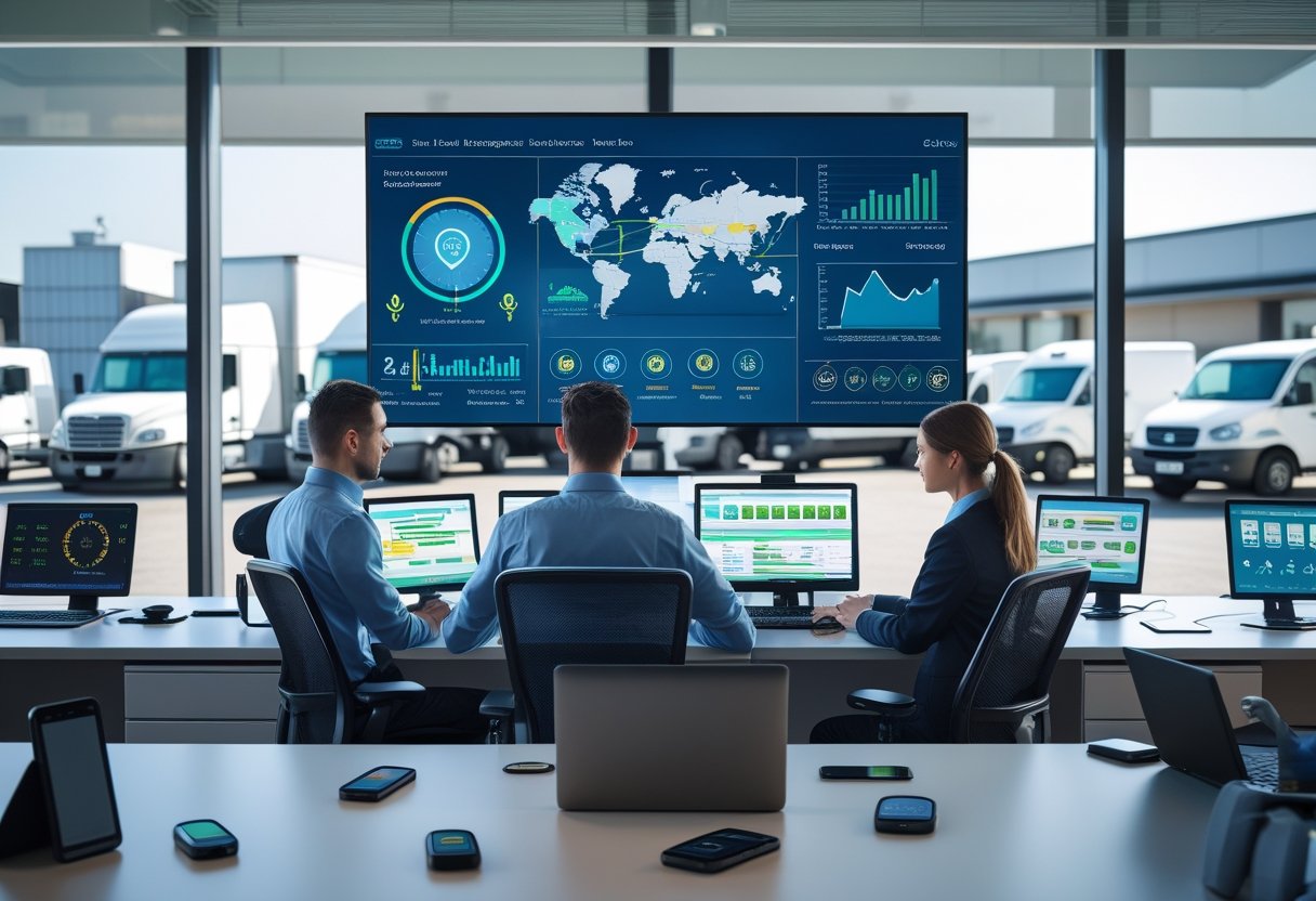 A team of professionals analyzing fleet management data on digital screens in an office with a fleet of trucks visible outside.
