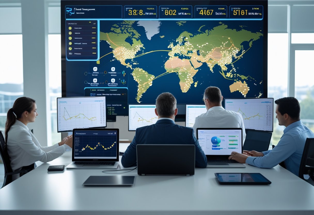 A team of professionals monitoring real-time fleet data on digital screens in a modern office.