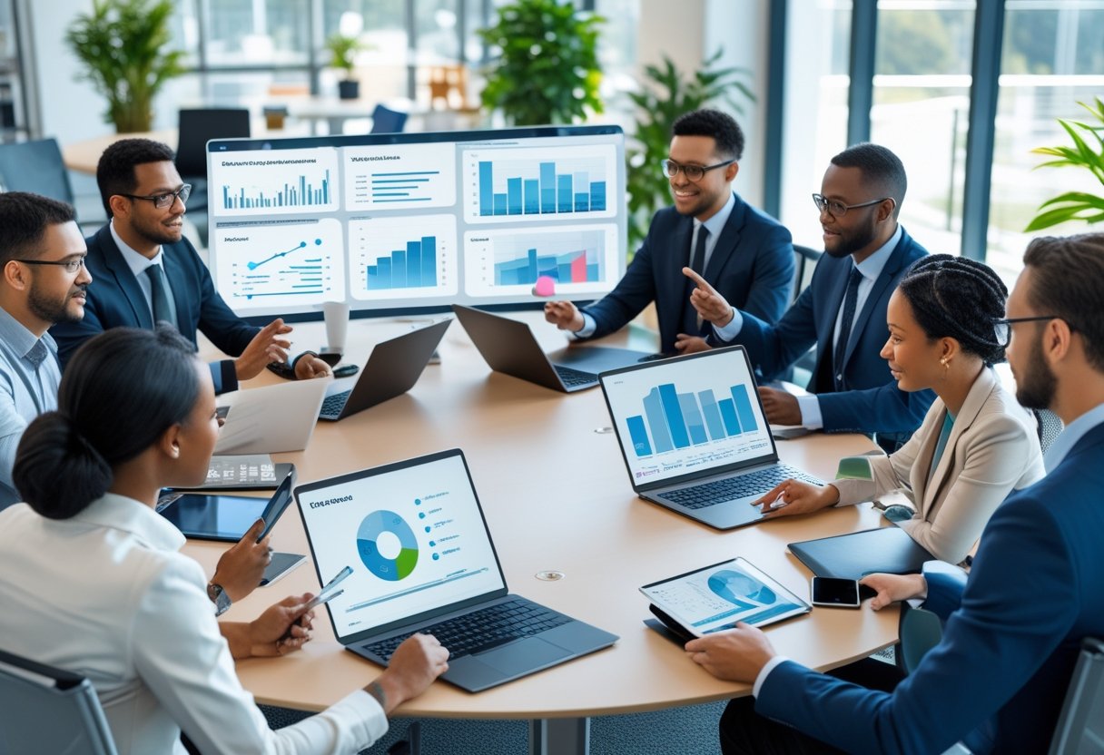 A group of business professionals collaborating around a conference table with laptops and digital devices showing fleet management data in a bright office.