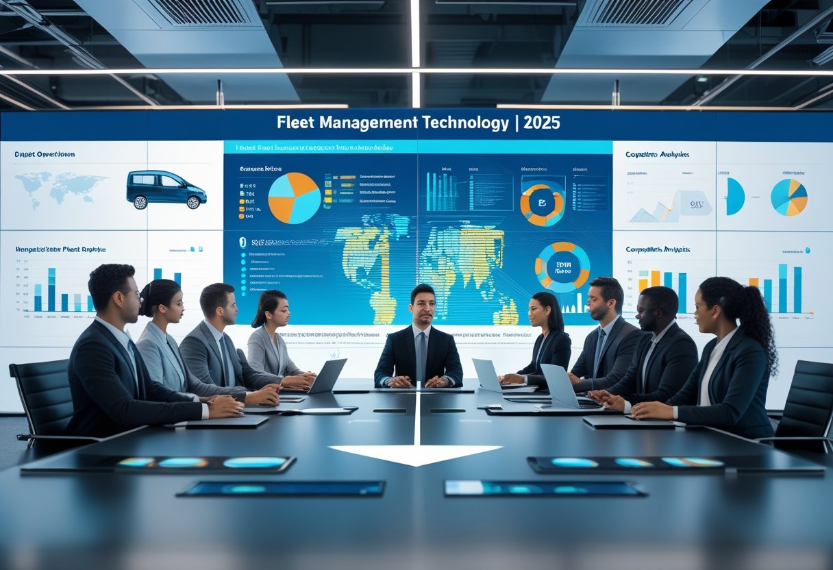 A group of business professionals in a modern office collaborating around a table with digital devices and large screens showing data visualizations.