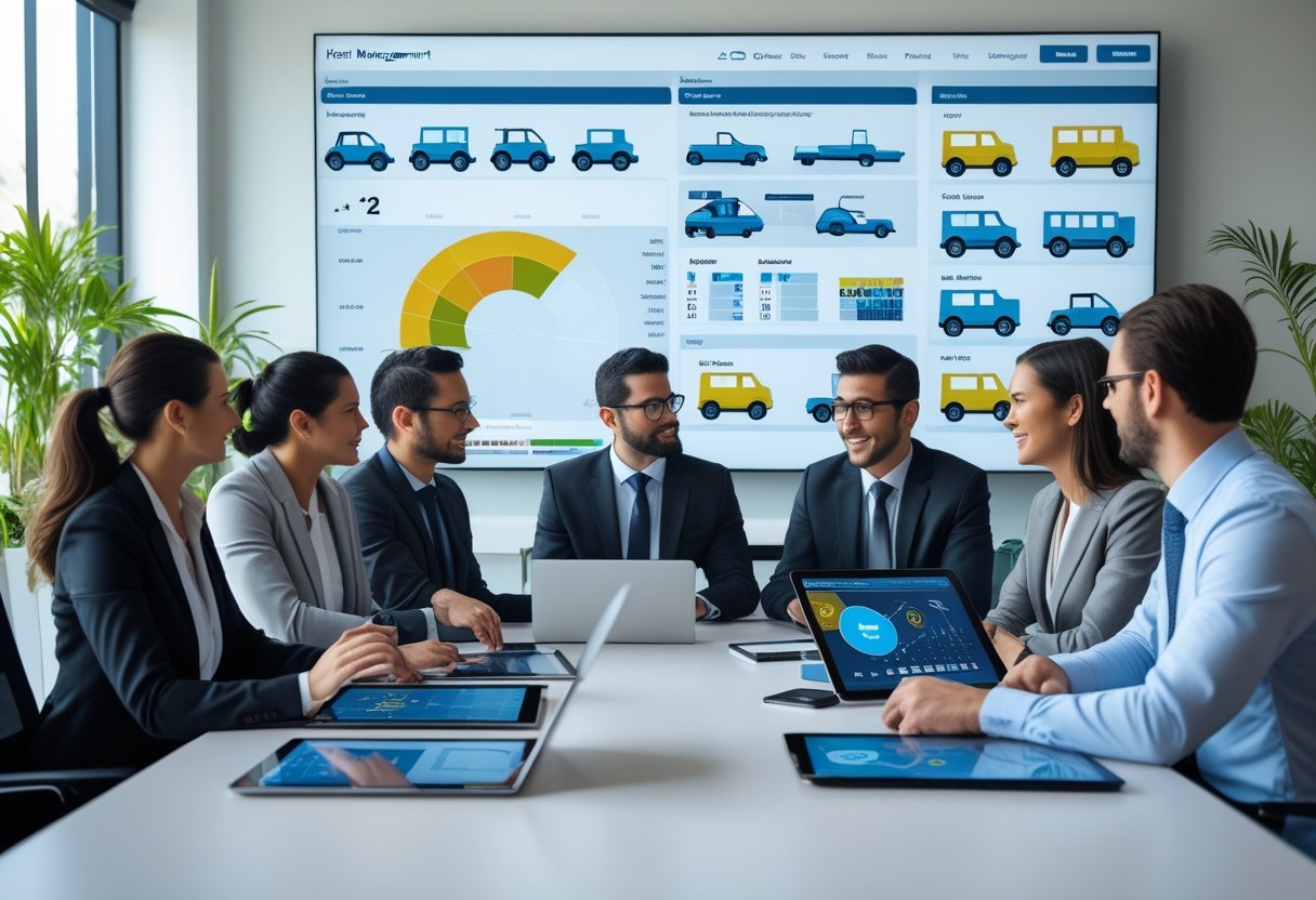 Business professionals in an office discussing fleet management data displayed on laptops and a large screen.