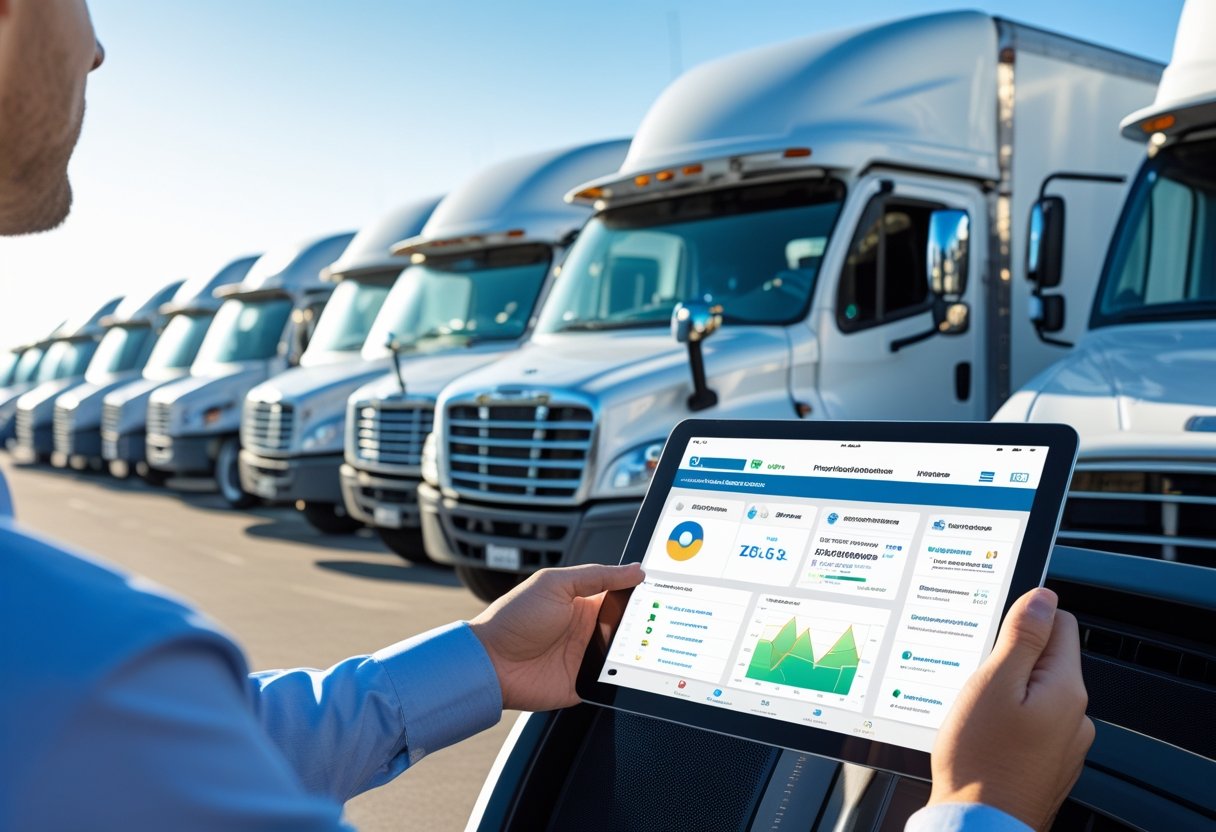 A person using a tablet showing fleet management data while a delivery truck with IoT devices is parked in a lot with other trucks.