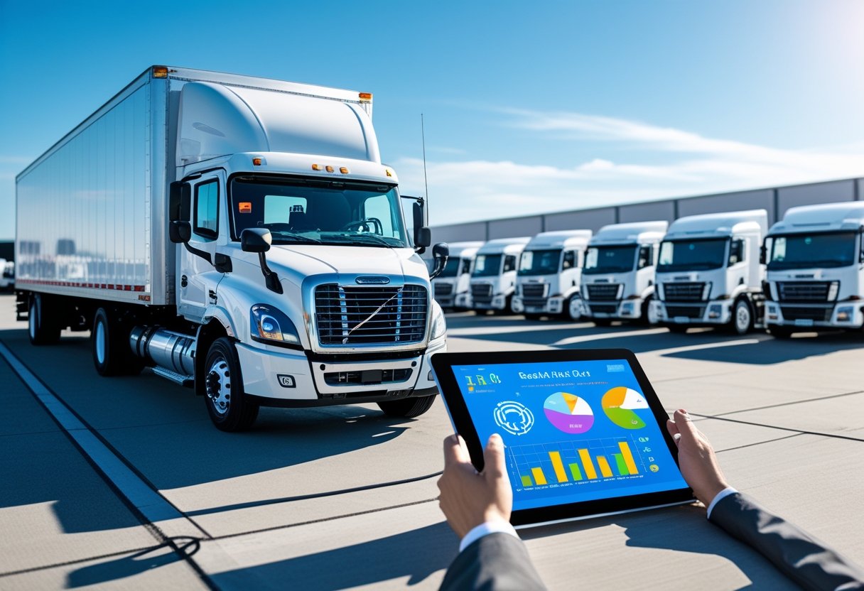 A delivery truck equipped with IoT devices and a digital tablet showing real-time fleet data in a fleet yard.