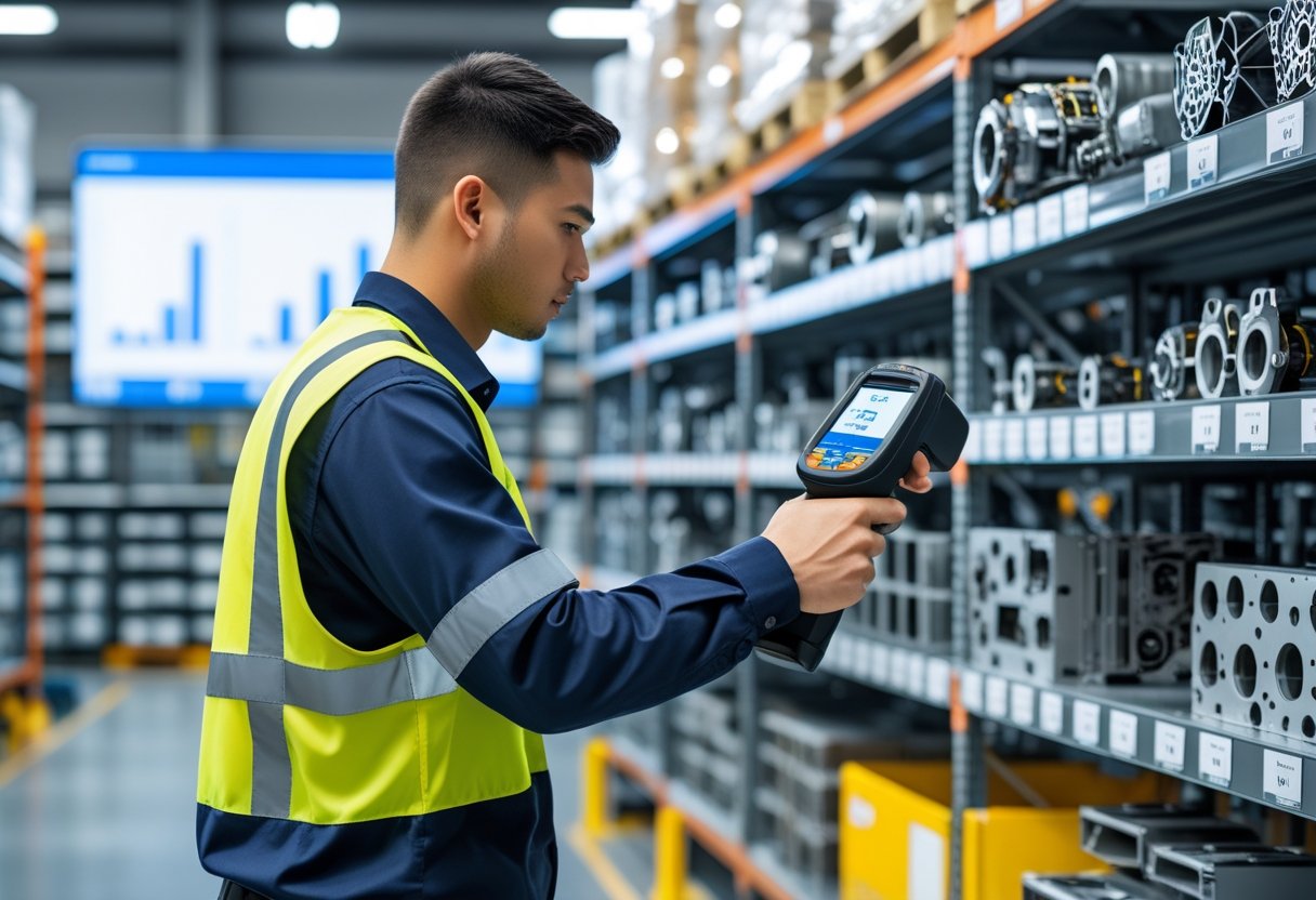 A worker scanning parts on shelves in a clean, organized warehouse with a digital screen showing inventory data in the background.