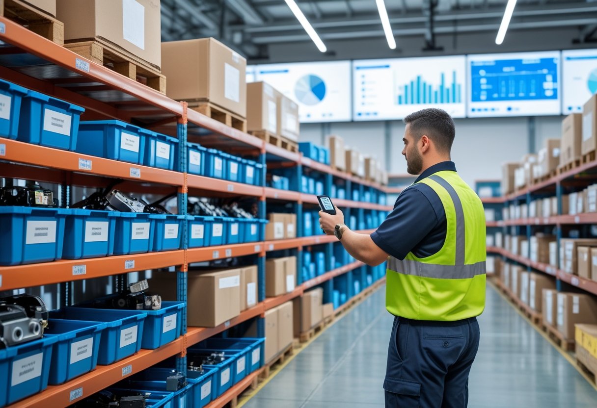 A warehouse worker scanning parts on shelves filled with organized bins and boxes in a clean storage facility.