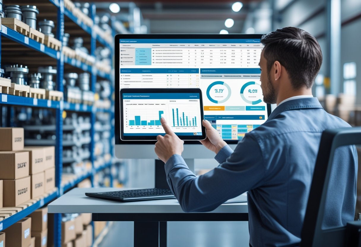 A person using a tablet in a warehouse with shelves of mechanical parts and a computer monitor showing inventory data.