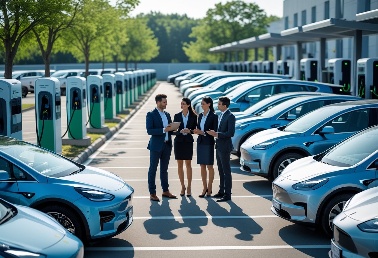 Business professionals discussing electric vehicles parked at a charging station in an urban setting.