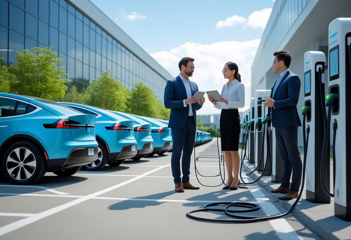A group of professionals standing near a row of electric cars parked at charging stations outside an office building.