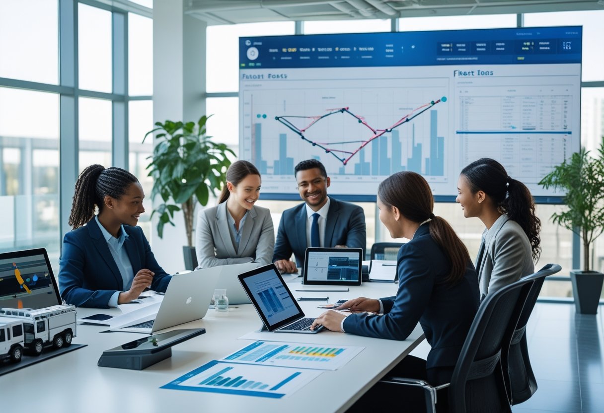 A team of professionals working together in an office with digital devices and a large screen showing vehicle routes and data.