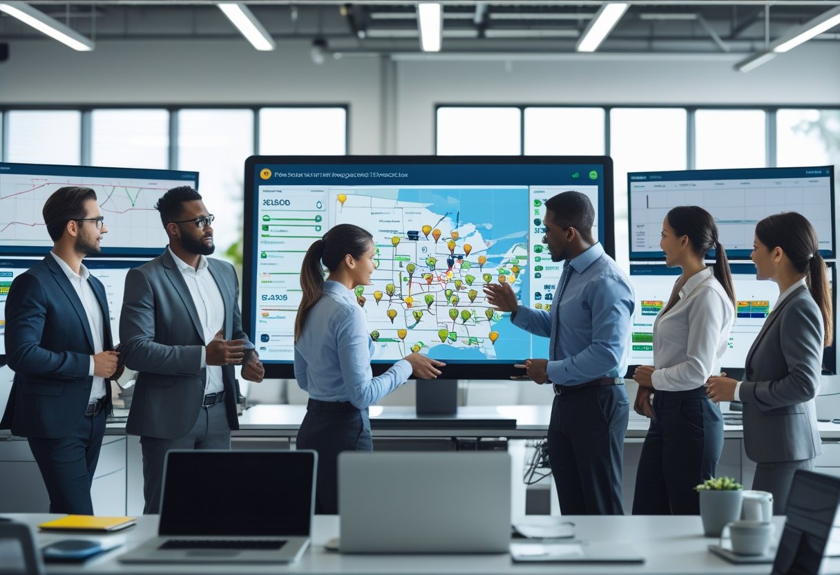 A team of professionals working together in an office with digital maps and monitors showing vehicle tracking and logistics data.