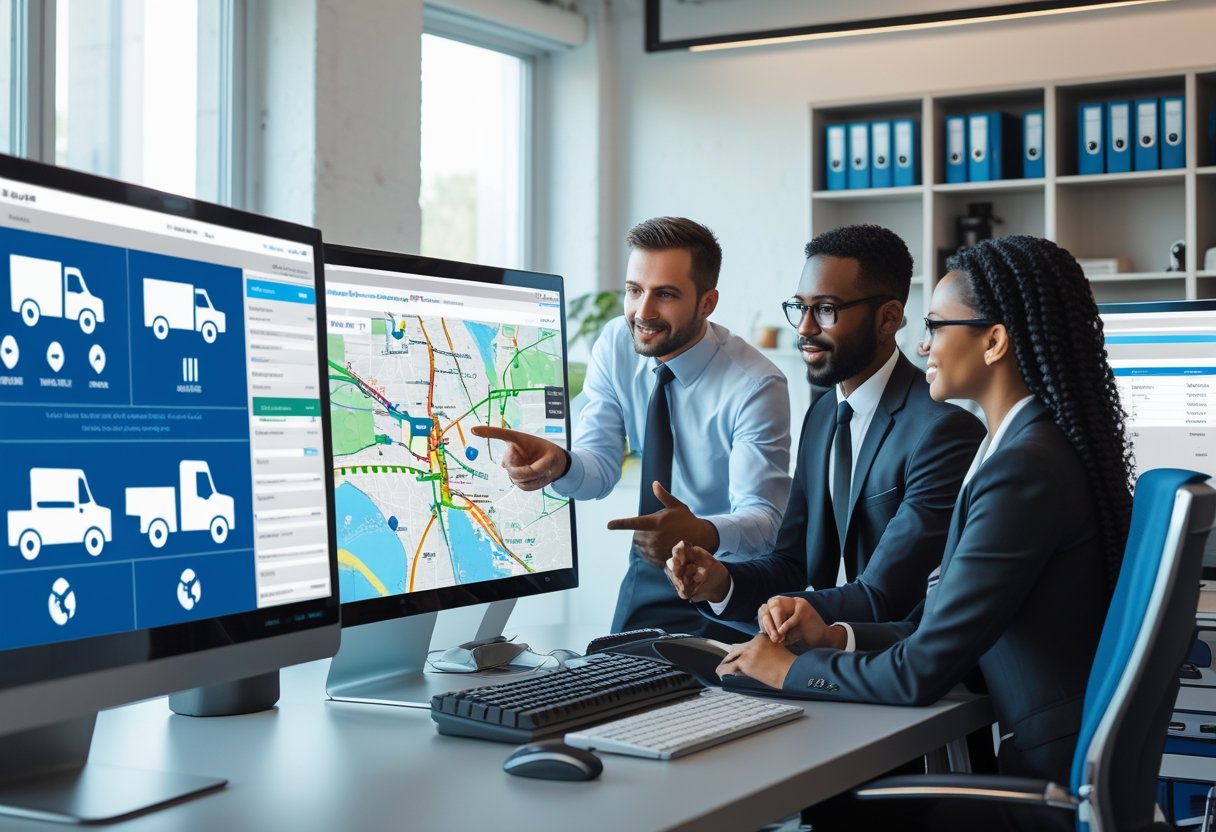A team of professionals working together in an office with digital maps and fleet tracking data displayed on screens.