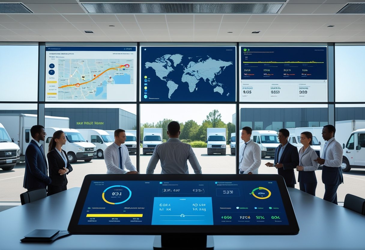 A team of professionals in an office monitors digital screens showing vehicle routes and data, with trucks visible outside through a window.