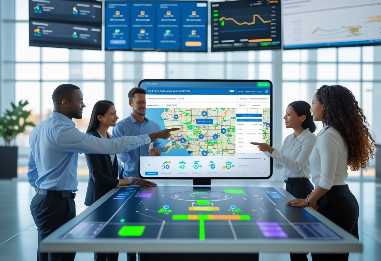 A team of professionals collaborating around a digital table displaying fleet management data and maps in a modern office.