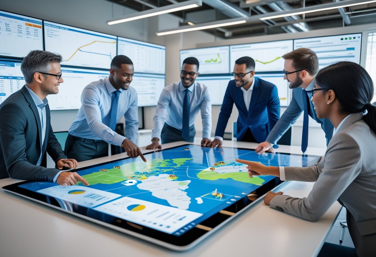 A team of professionals collaborating around a digital touchscreen table displaying fleet management data in a modern office.