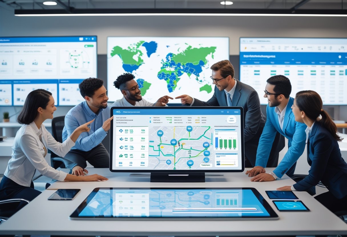 A team of professionals collaborating around a digital touchscreen table displaying fleet management data and maps in a modern office.