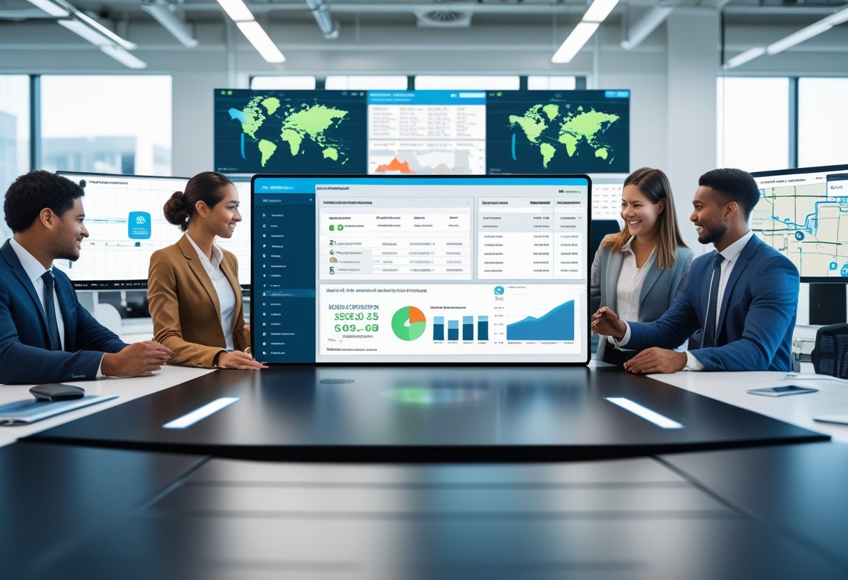 A team of professionals working together around a digital touchscreen table showing fleet data and maps in a modern office.