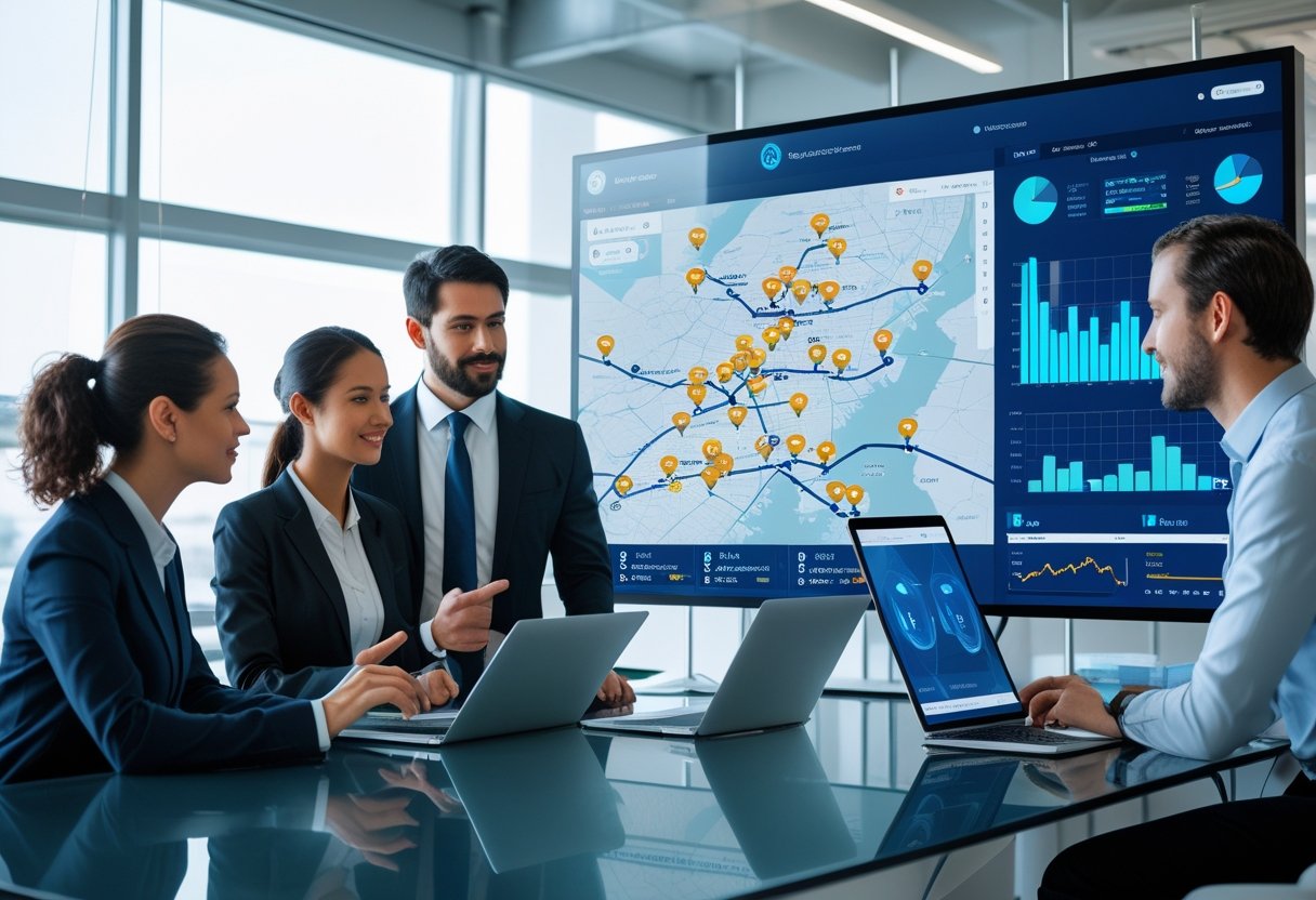 Office scene with professionals monitoring a large digital map showing vehicle locations and routes on multiple screens.