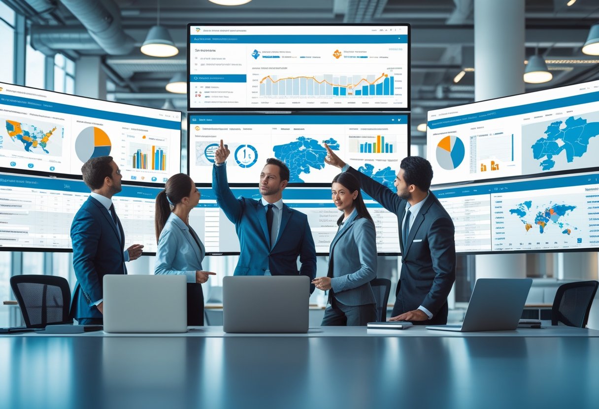 Professionals in an office reviewing large digital screens with maps and data related to fleet management systems.