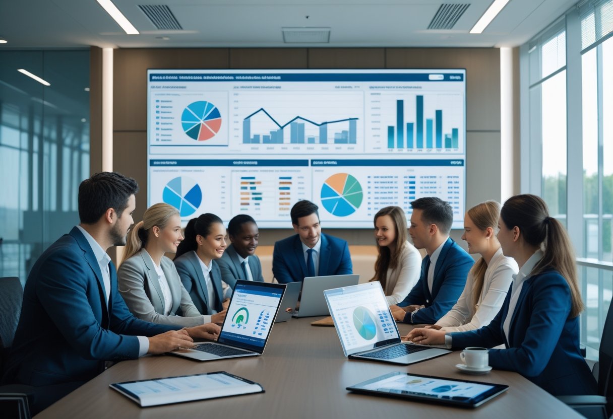Business professionals in an office reviewing digital fleet reports and data on laptops and a large screen.