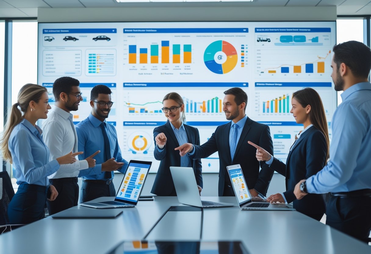 Business professionals in a modern office analyzing fleet data on laptops and a large screen during a meeting.