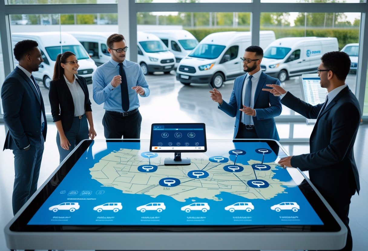 Business professionals in an office using a digital touchscreen table to manage a fleet of company vehicles visible outside the window.