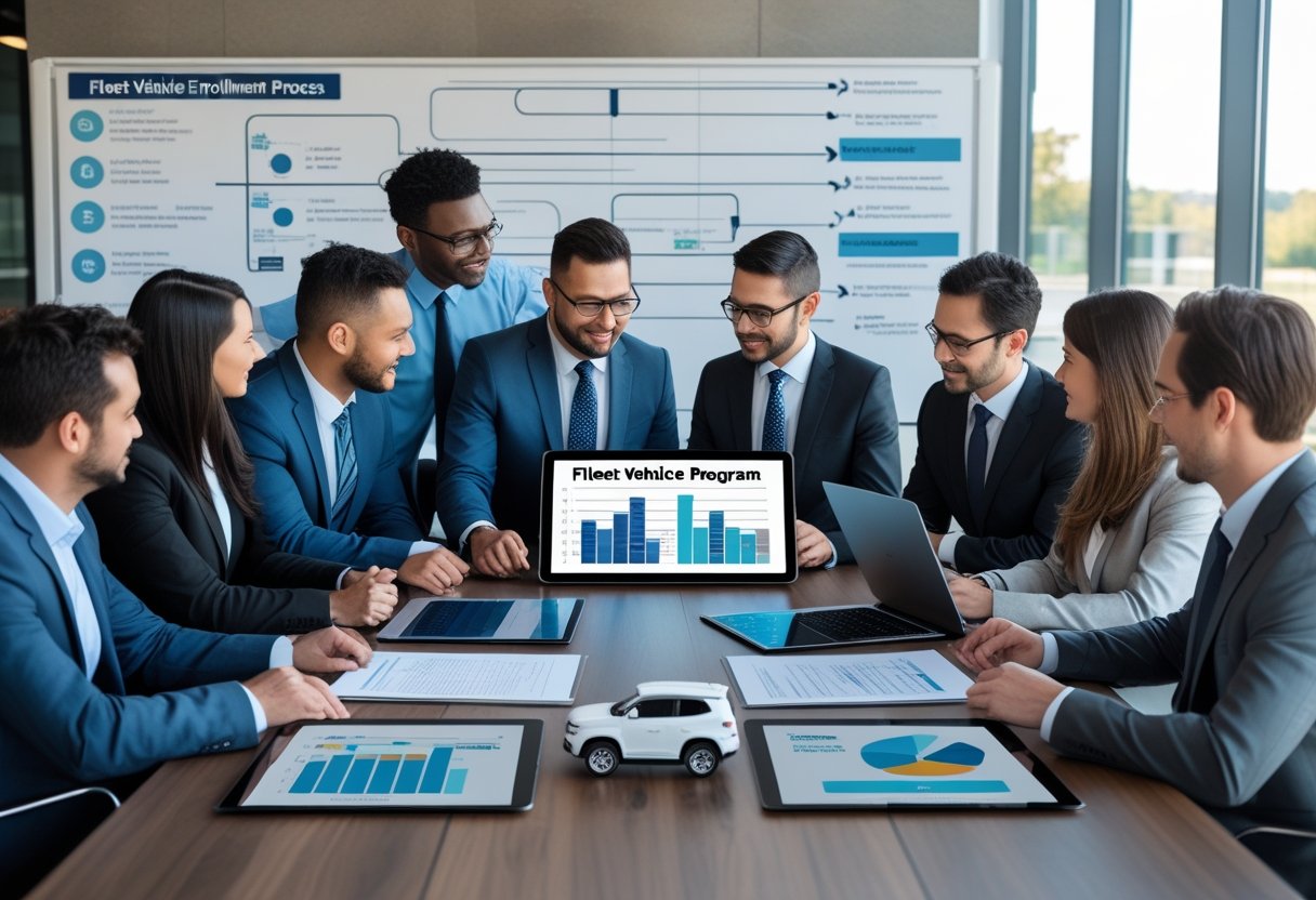 A group of business professionals reviewing documents and digital devices around a conference table in an office.