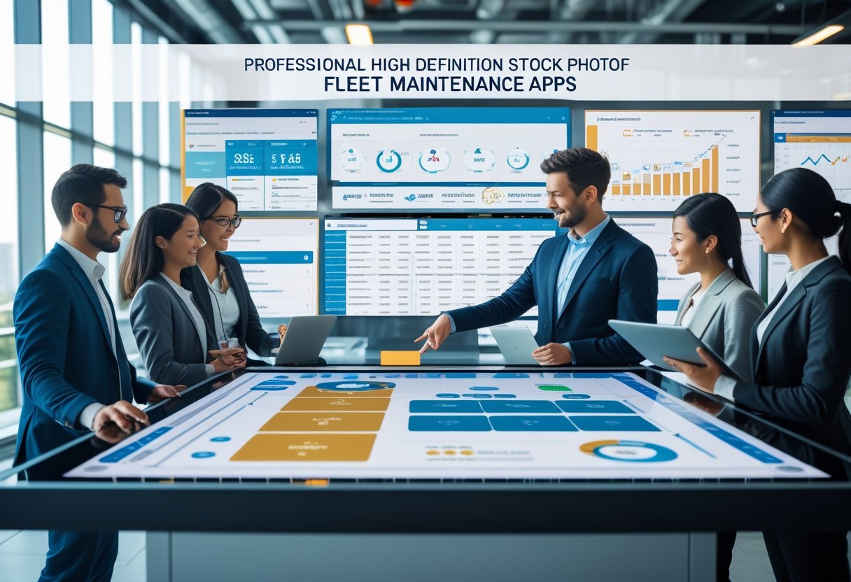 A team of professionals working together around a digital touchscreen table showing fleet maintenance data and vehicle tracking in a modern office.
