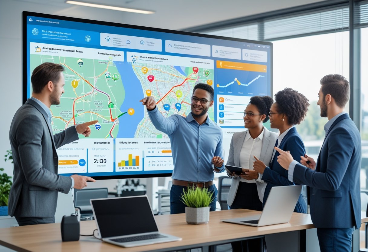 A group of professionals in an office reviewing fleet management software on large screens displaying maps and vehicle data.