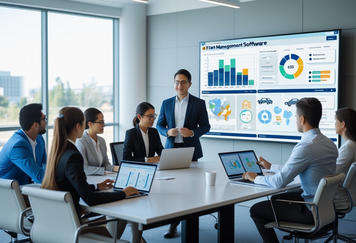 A group of professionals in a modern office attending a fleet management software demonstration with a presenter showing data on a large screen.
