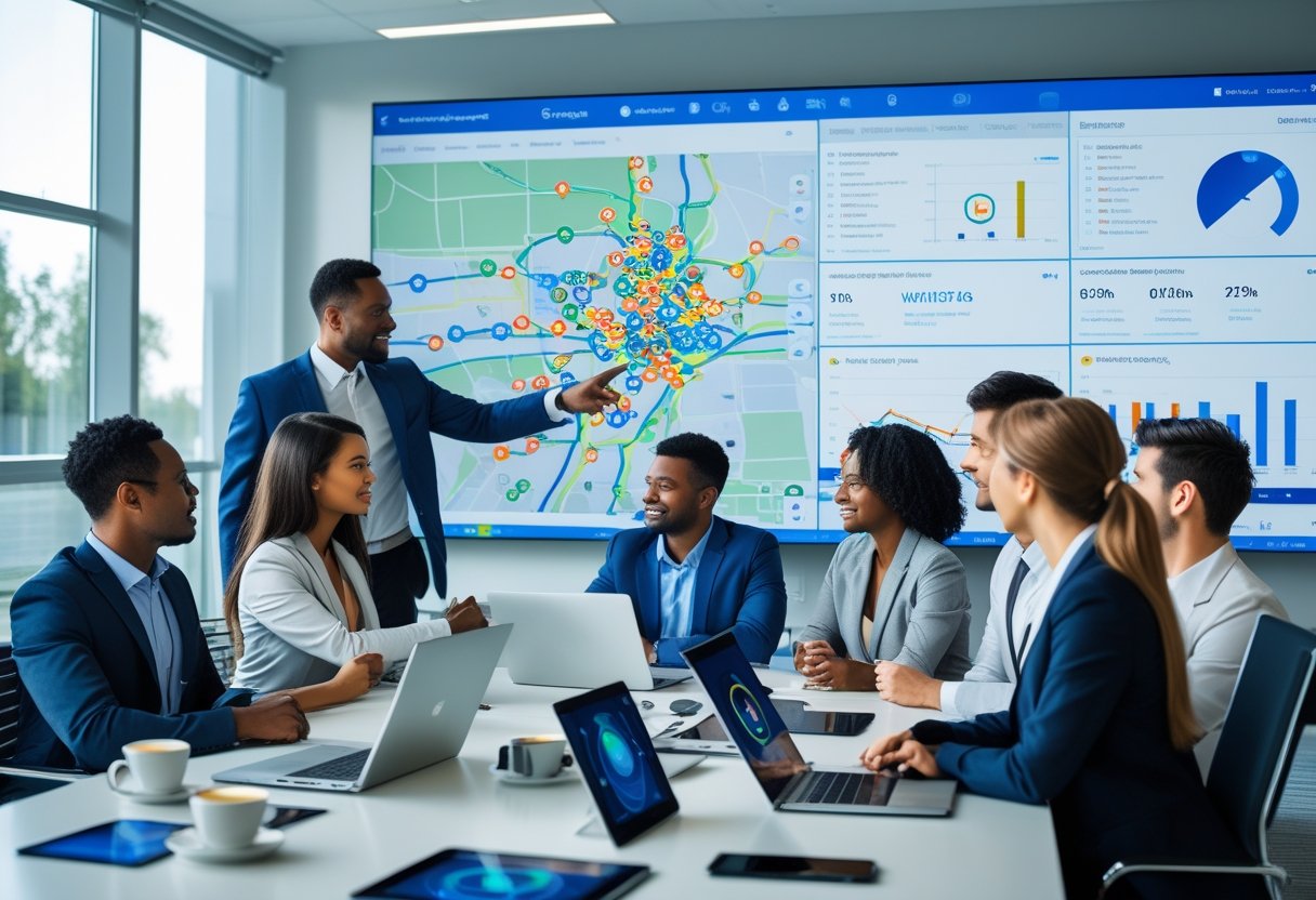 A group of professionals in a bright office reviewing fleet management software on laptops and a large screen during a meeting.