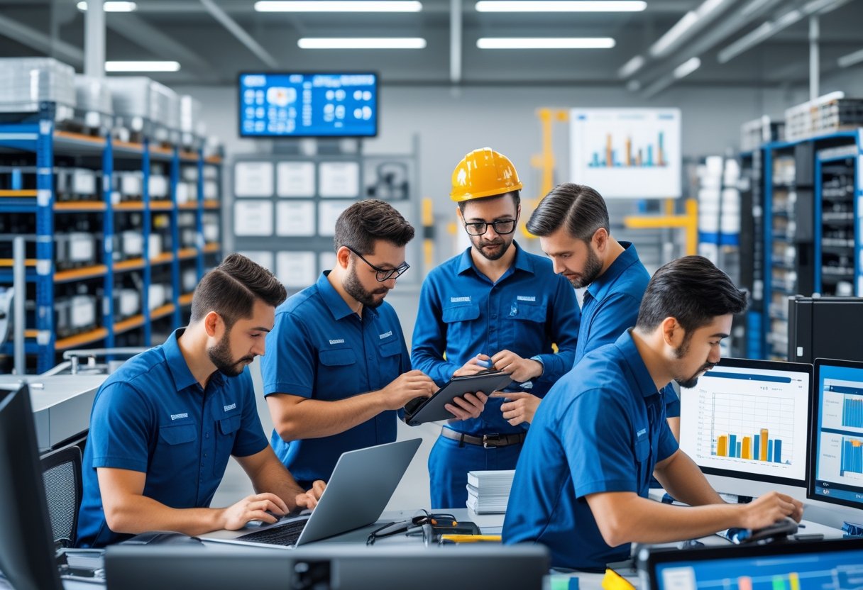 A team of professionals inspecting and maintaining equipment in a modern workspace with tools, digital devices, and organized shelves.
