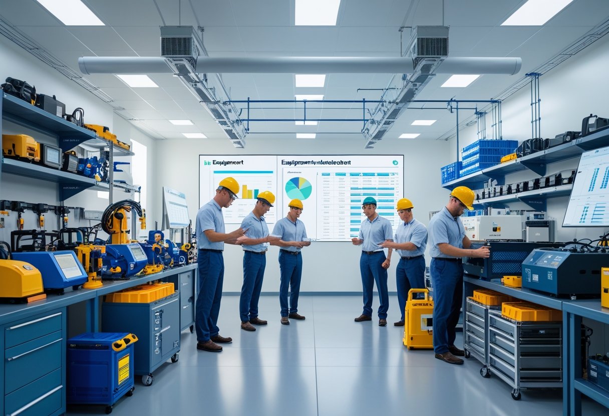 A group of professionals inspecting and managing industrial equipment in a clean, organized workspace with digital screens showing data in the background.