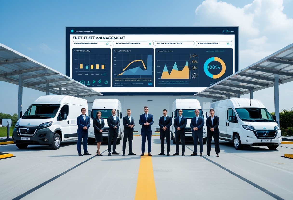Business professionals standing near electric and autonomous commercial vehicles with a digital dashboard showing fleet data in a modern outdoor fleet yard.