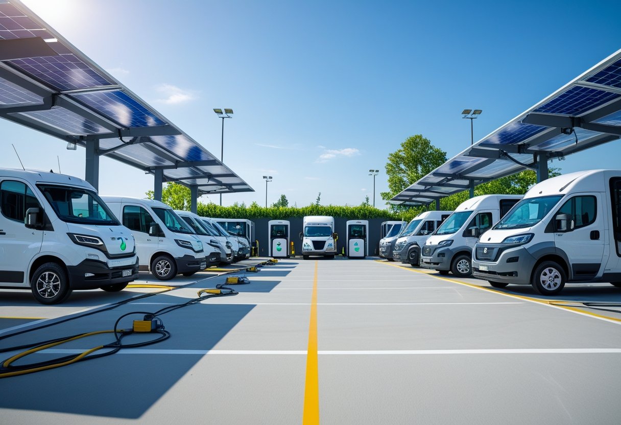 A fleet of electric and alternative fuel commercial vehicles parked at a depot with charging stations and technicians inspecting them under clear skies.