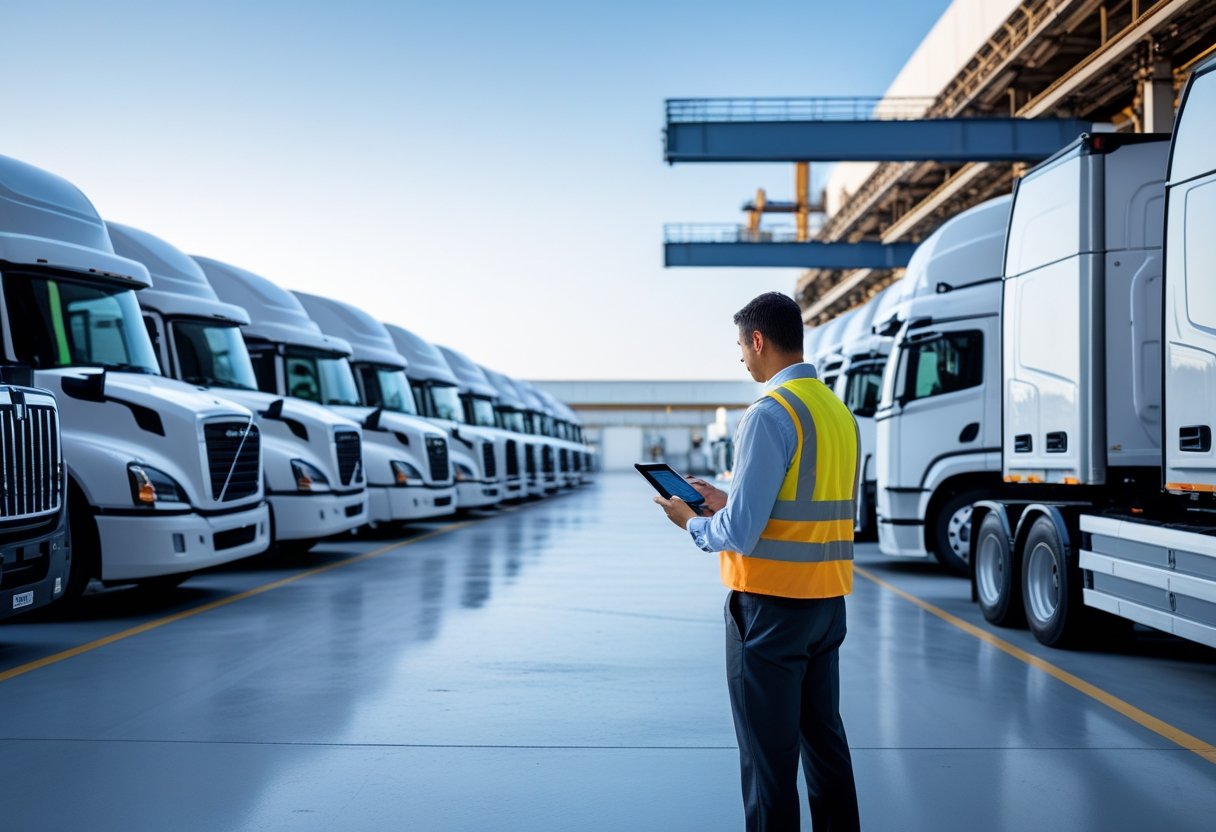 A fleet manager with a tablet inspects a row of parked semi-trailer trucks at a large logistics hub.