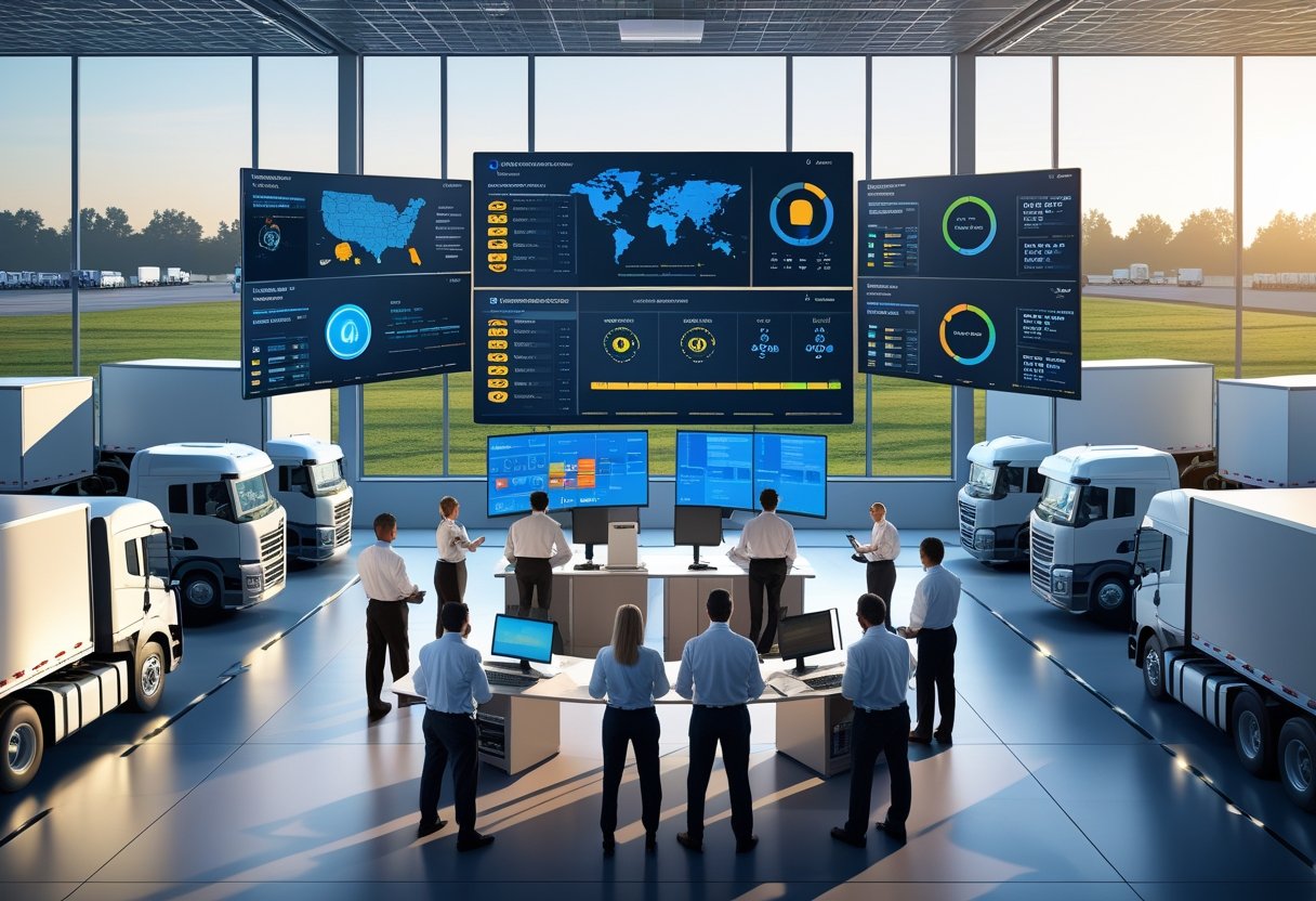 A fleet management control center with multiple screens showing maps and data, managers working at computers, and several trucks parked outside.
