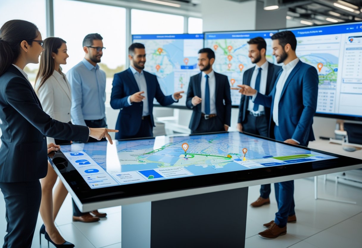 A group of business professionals collaborating around a digital touchscreen table displaying vehicle tracking maps and data in a modern office.