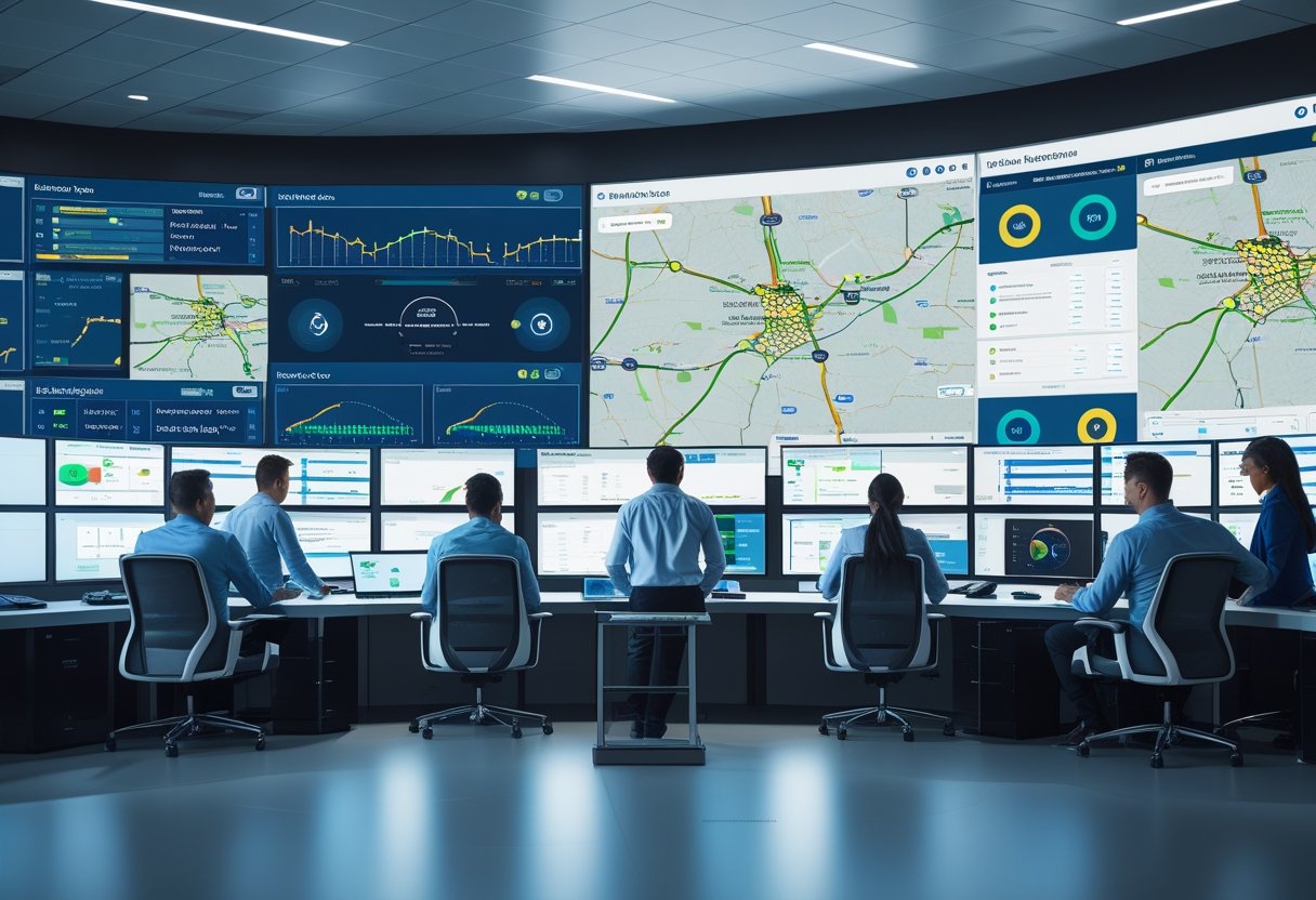 A team of professionals monitoring vehicle routes and data on multiple large screens in a fleet management control room.