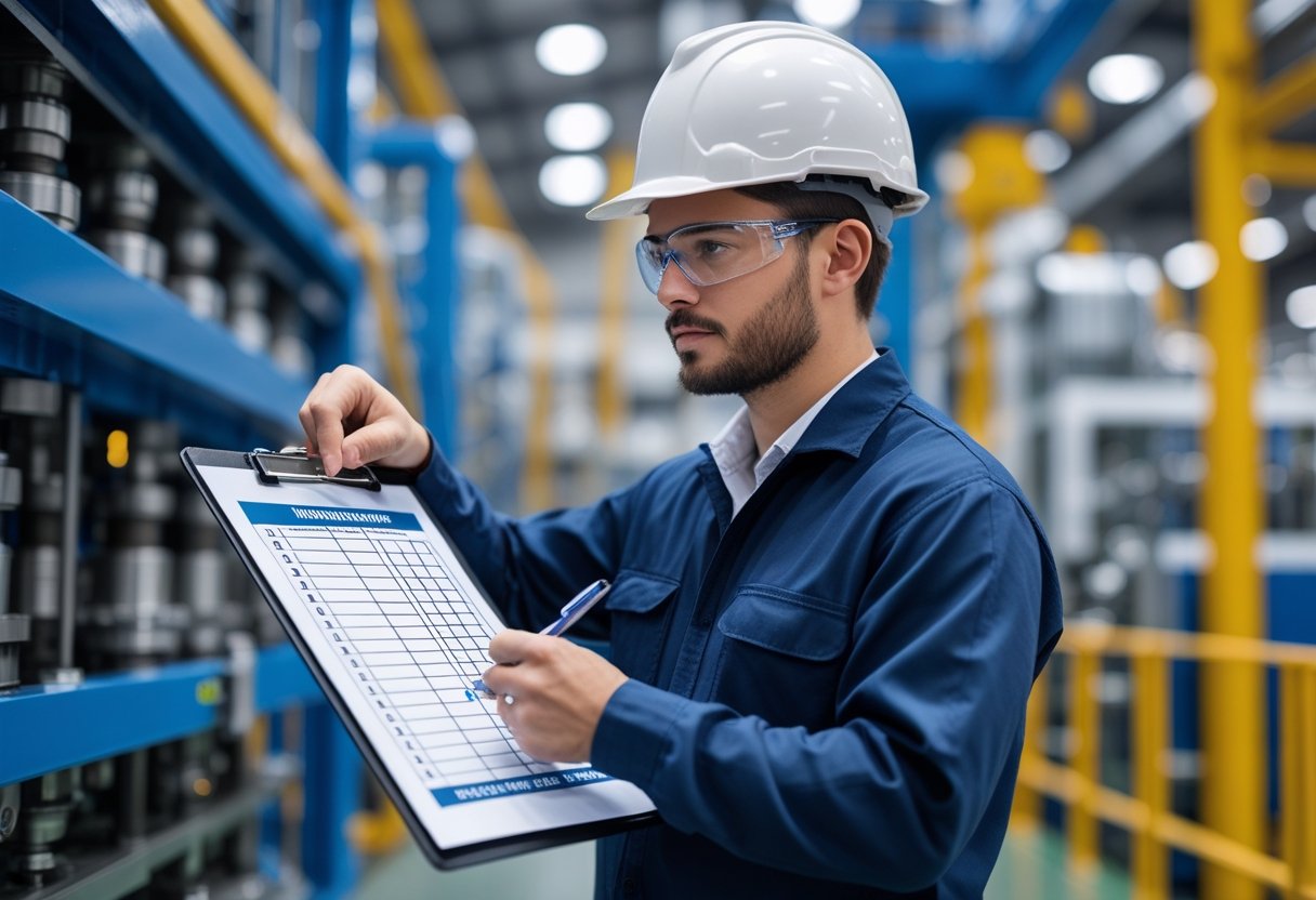 A technician wearing safety gear reviews a checklist on a clipboard in an industrial setting with machinery in the background.