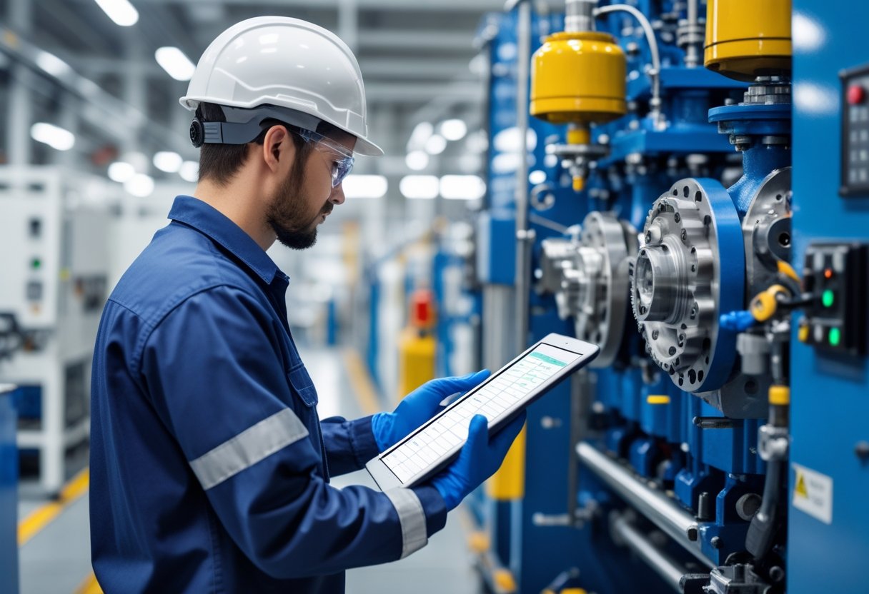 A technician wearing safety gear inspects machinery in an industrial setting while reviewing a checklist on a digital tablet.