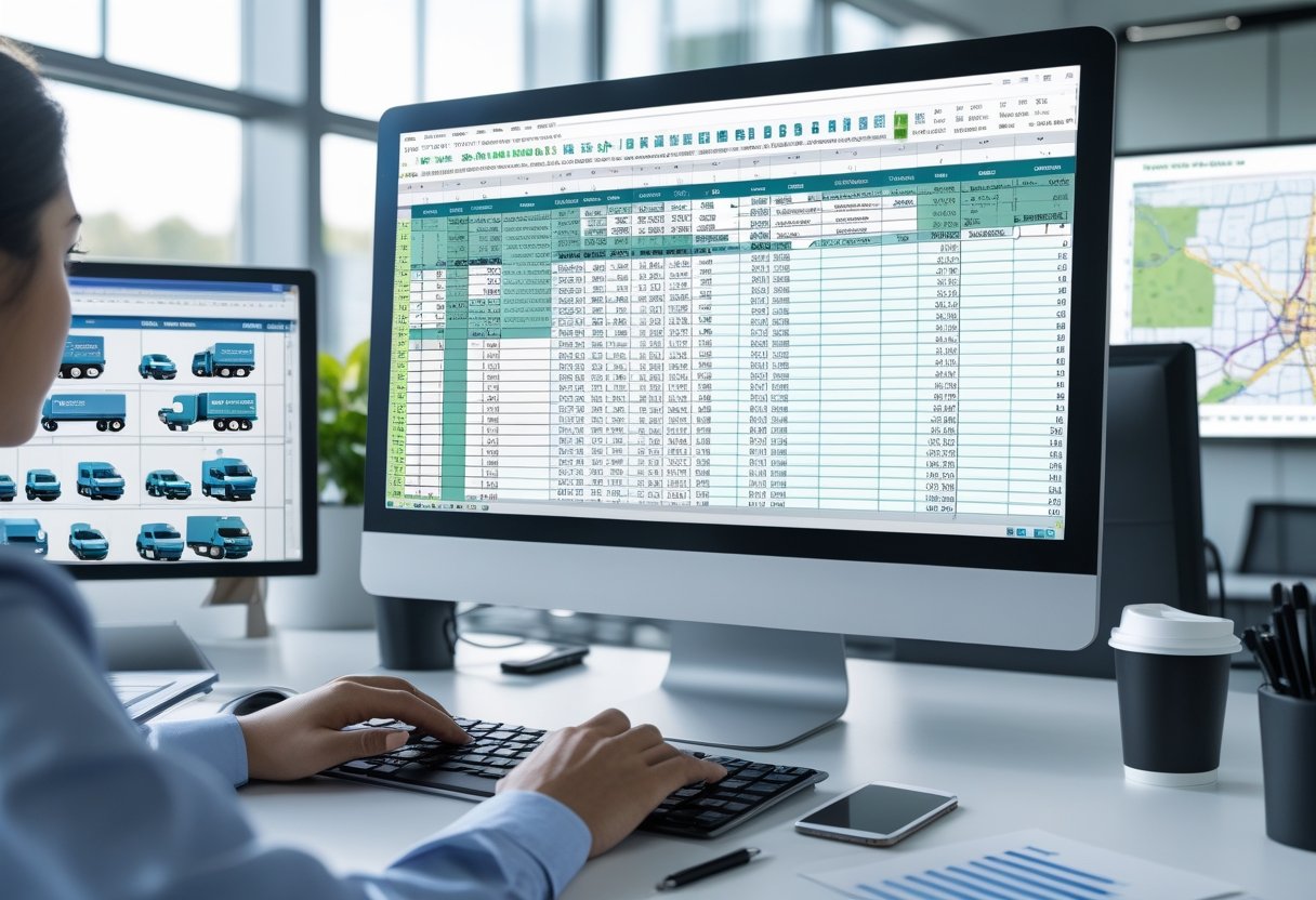 A person working at a desk with a computer displaying an Excel spreadsheet containing vehicle data related to fleet management.