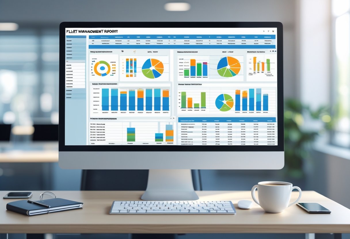 A computer monitor on a desk displaying charts and data tables related to fleet management, surrounded by office supplies in a bright workspace.