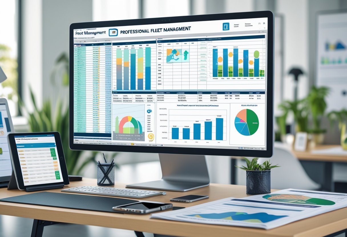 An office desk with a computer displaying detailed spreadsheets and charts related to fleet management, including vehicle tracking and maintenance data.