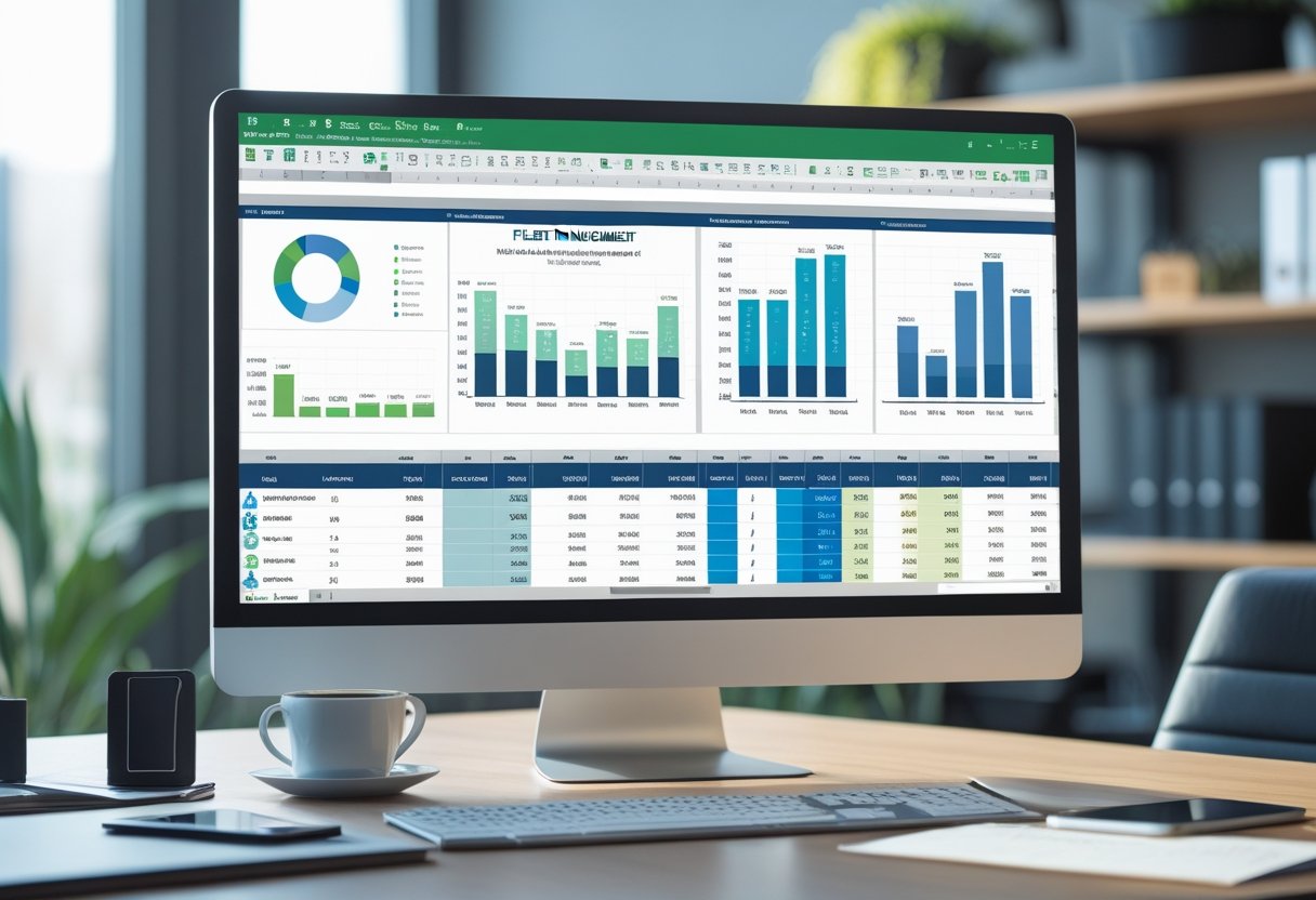 Office desk with a computer monitor displaying a detailed fleet management spreadsheet, surrounded by office supplies.